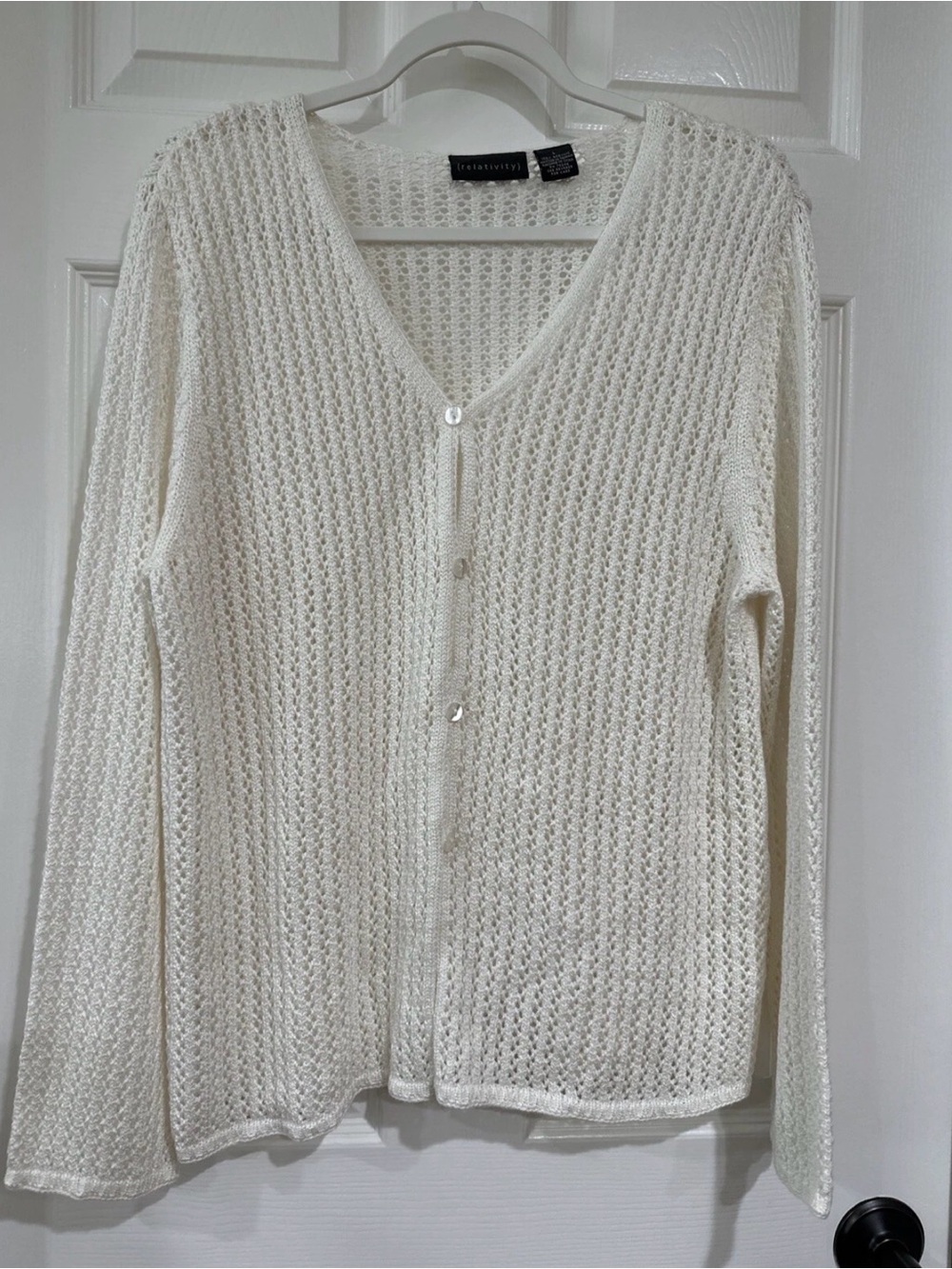 Relativity Women's LG Long Sleeve Open Knit Cardigan Sweater Ivory